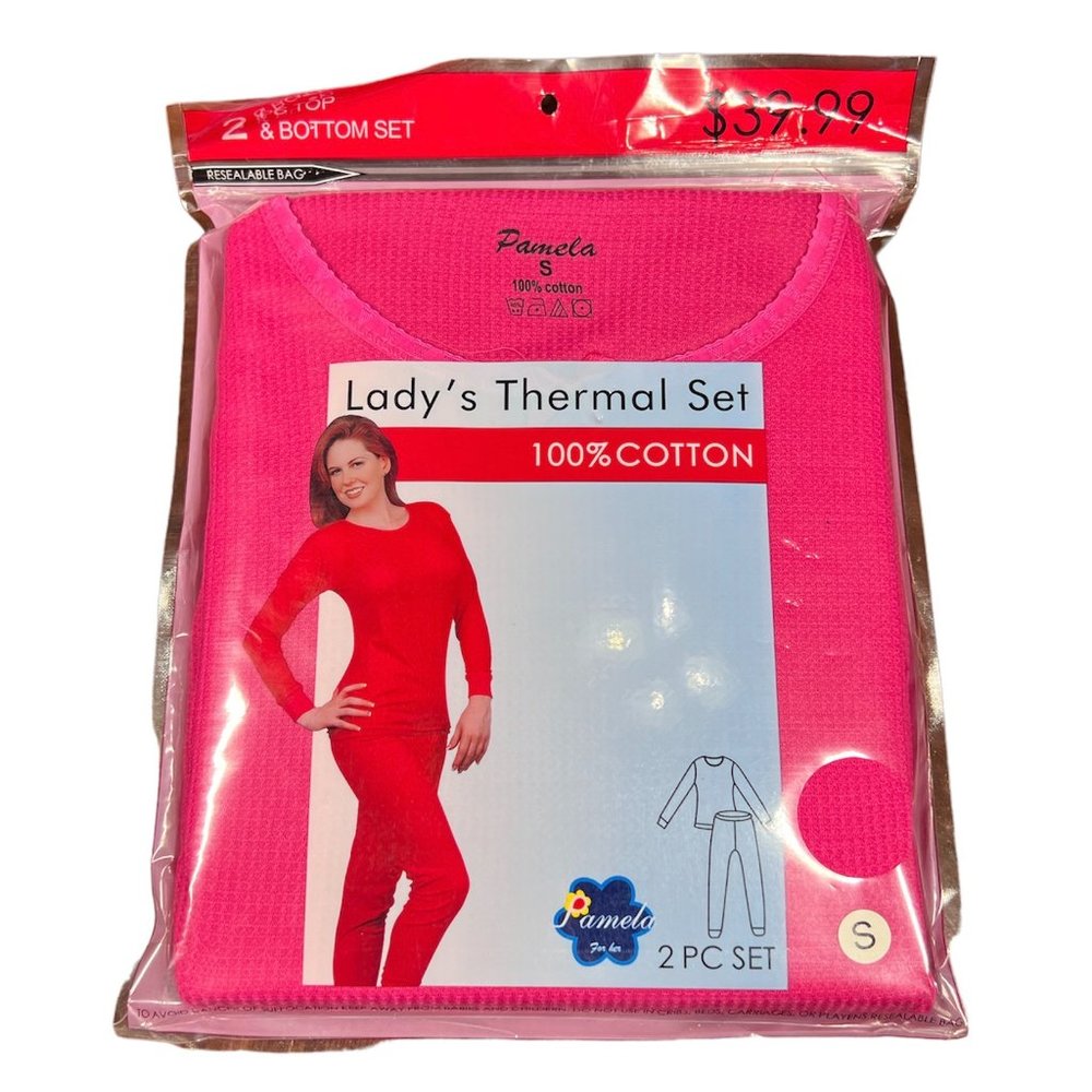 Womens Cotton Waffle Knit Thermal Underwear Stretch Shirt Pant Set Pink Size S